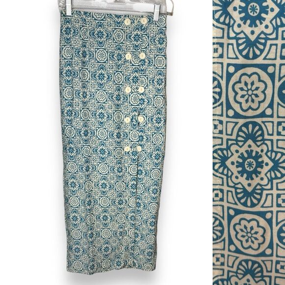 VTG Passports Pier 1 Imports Small Button Front Midi Skirt Blue Cream Geometric - Picture 1 of 8